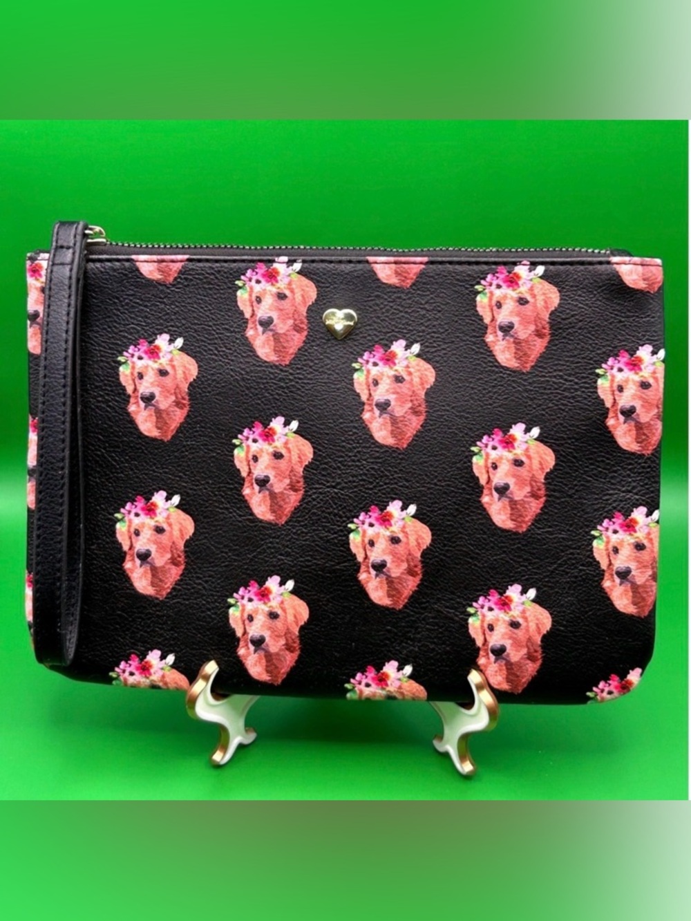 Betsey Johnson Golden Retriever Flower Crown Wristlet Clutch Bag Black Pebbled